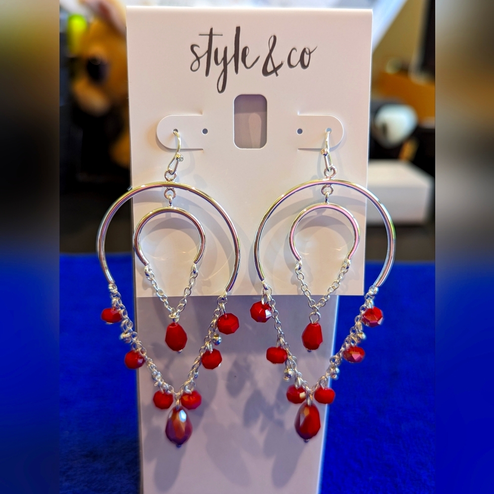 🆕 STYLE & CO. Beaded Chandelier Earrings Red/Silver Tone NEW!